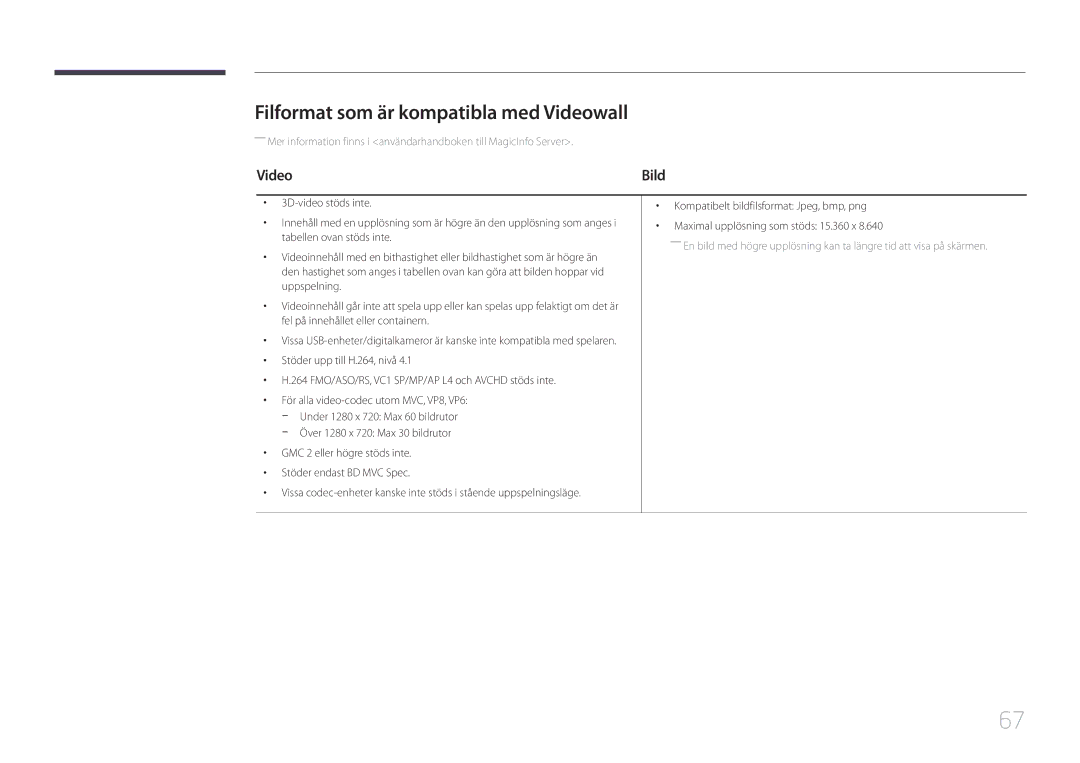 Samsung LH55UDEPLBB/EN manual Filformat som är kompatibla med Videowall 