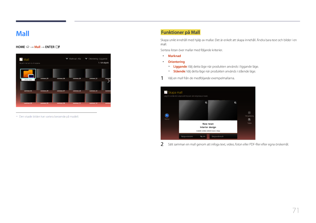 Samsung LH55UDEPLBB/EN manual Funktioner på Mall, Home → Mall → Enter E, Marknad, Orientering 