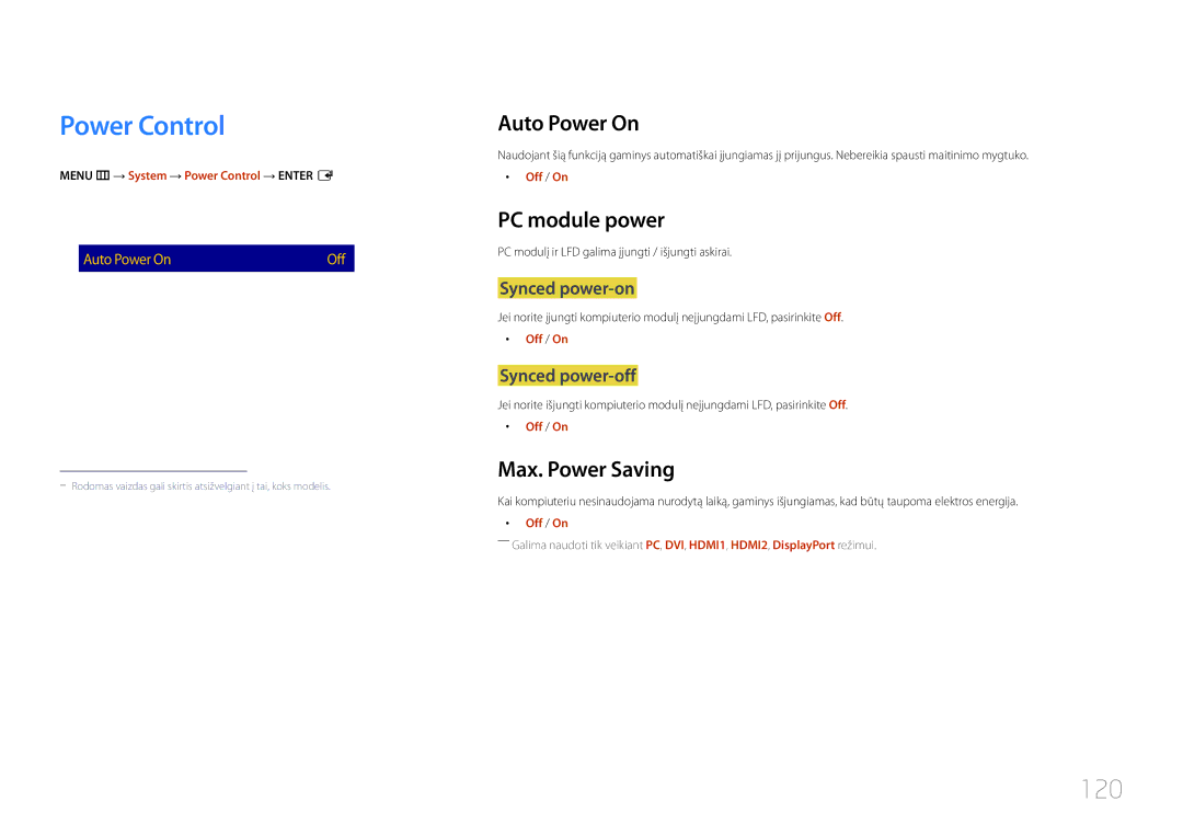 Samsung LH55UDEPLBB/EN manual Power Control, 120, Auto Power On, PC module power, Max. Power Saving 