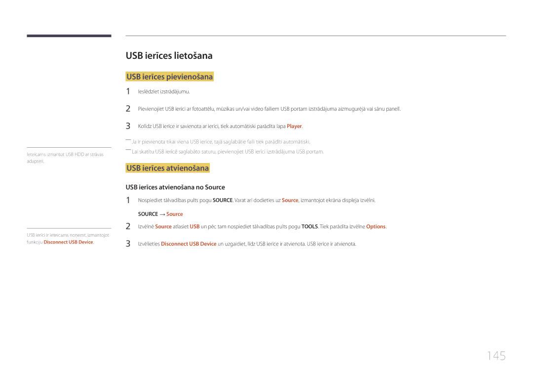 Samsung LH55UDEPLBB/EN manual 145, USB ierīces lietošana, USB ierīces pievienošana, USB ierīces atvienošana 