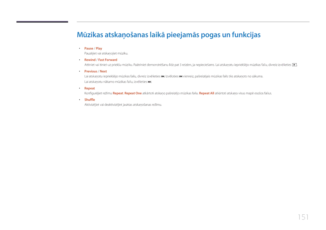 Samsung LH55UDEPLBB/EN Mūzikas atskaņošanas laikā pieejamās pogas un funkcijas, 151, Pauzējiet vai atskaņojiet mūziku 