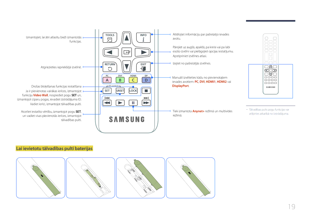 Samsung LH55UDEPLBB/EN manual Lai ievietotu tālvadības pultī baterijas, Funkcijas 