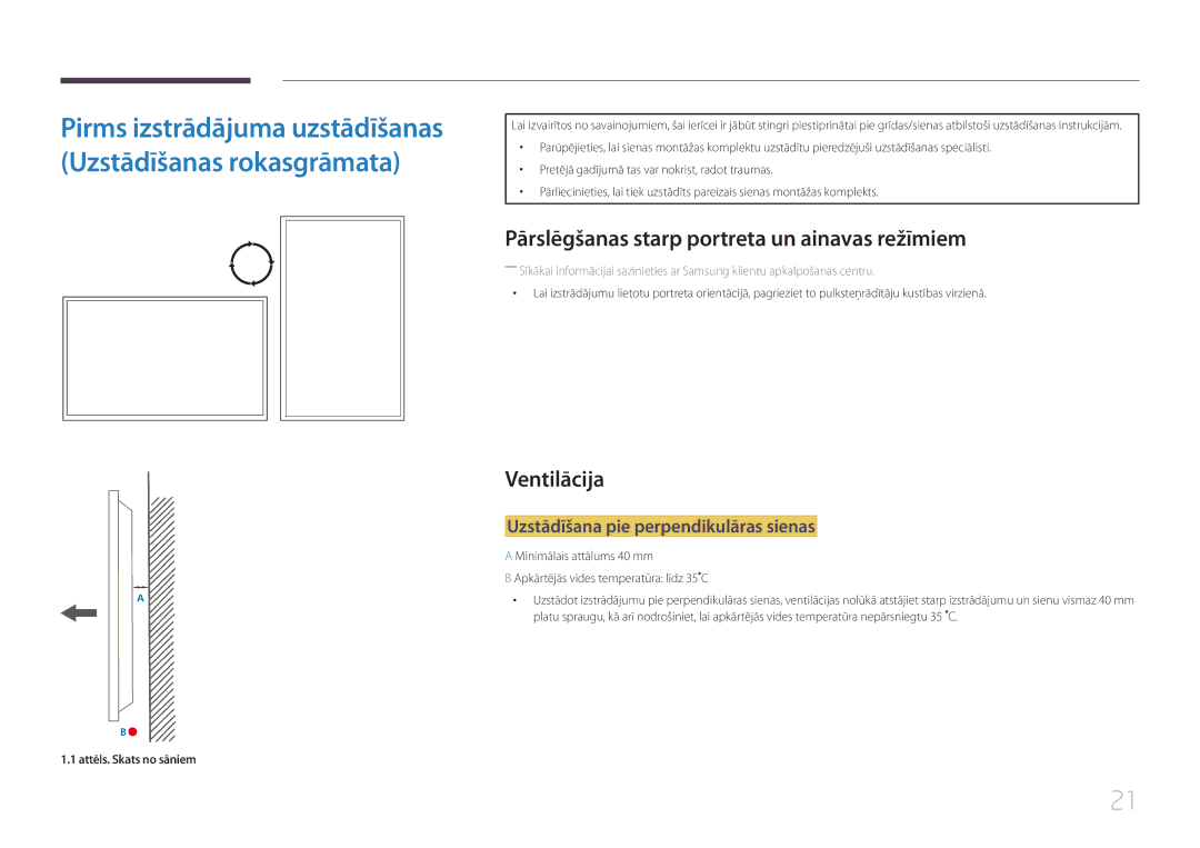 Samsung LH55UDEPLBB/EN manual Pārslēgšanas starp portreta un ainavas režīmiem, Ventilācija, Attēls. Skats no sāniem 