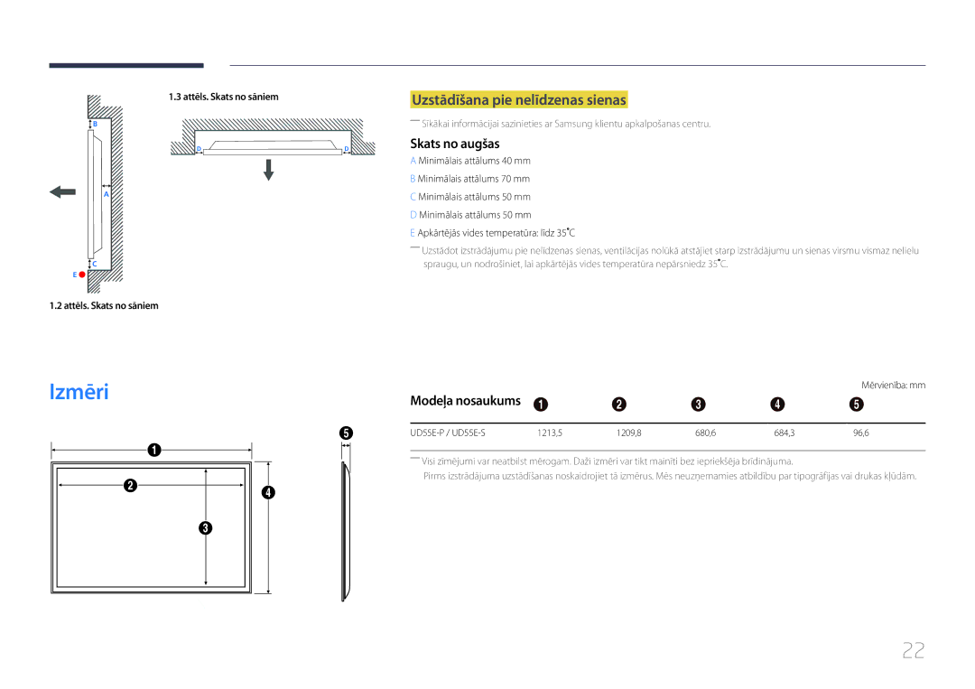 Samsung LH55UDEPLBB/EN manual Uzstādīšana pie nelīdzenas sienas, Skats no augšas, Mērvienība mm 