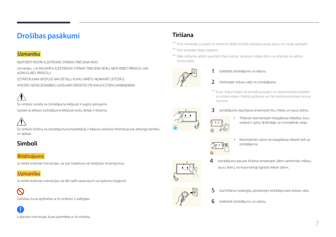 Samsung LH55UDEPLBB/EN manual Drošības pasākumi, Simboli, Tīrīšana, Uzmanību 