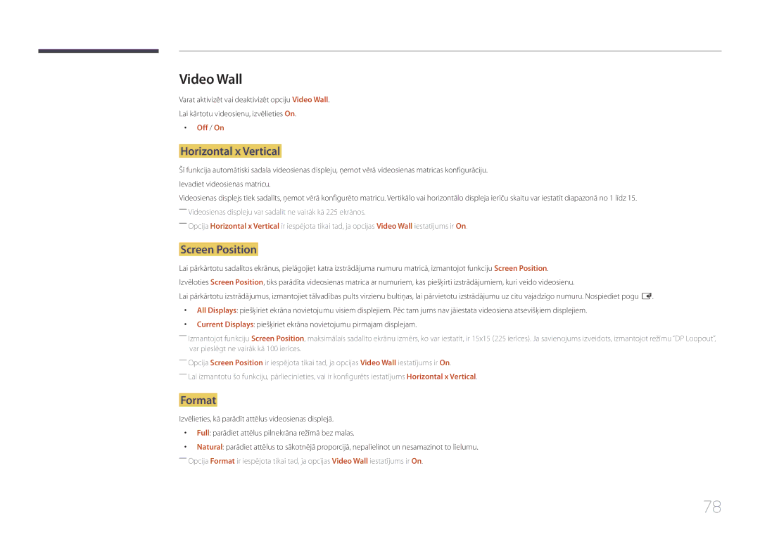 Samsung LH55UDEPLBB/EN manual Video Wall, Horizontal x Vertical, Screen Position, Format, Off / On 