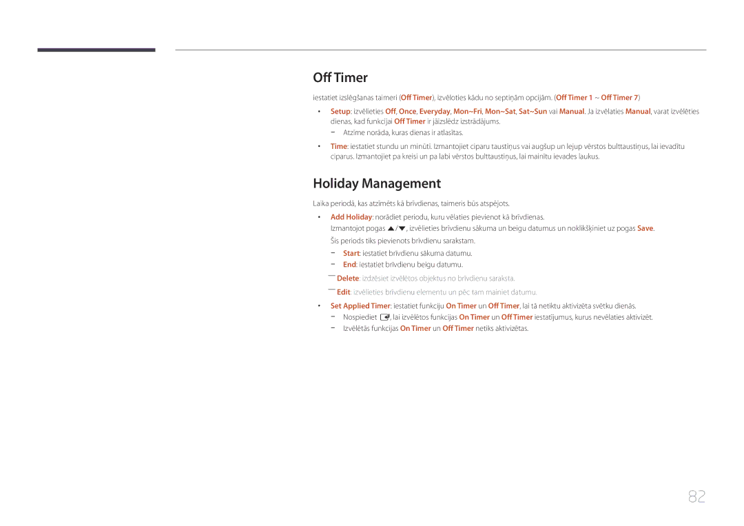 Samsung LH55UDEPLBB/EN manual Off Timer, Holiday Management 