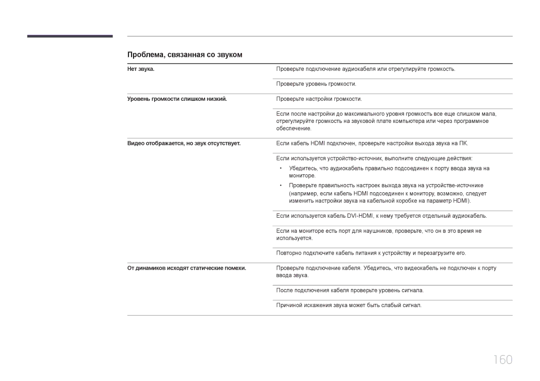 Samsung LH55UDEPLBB/EN manual 160, Проблема, связанная со звуком 