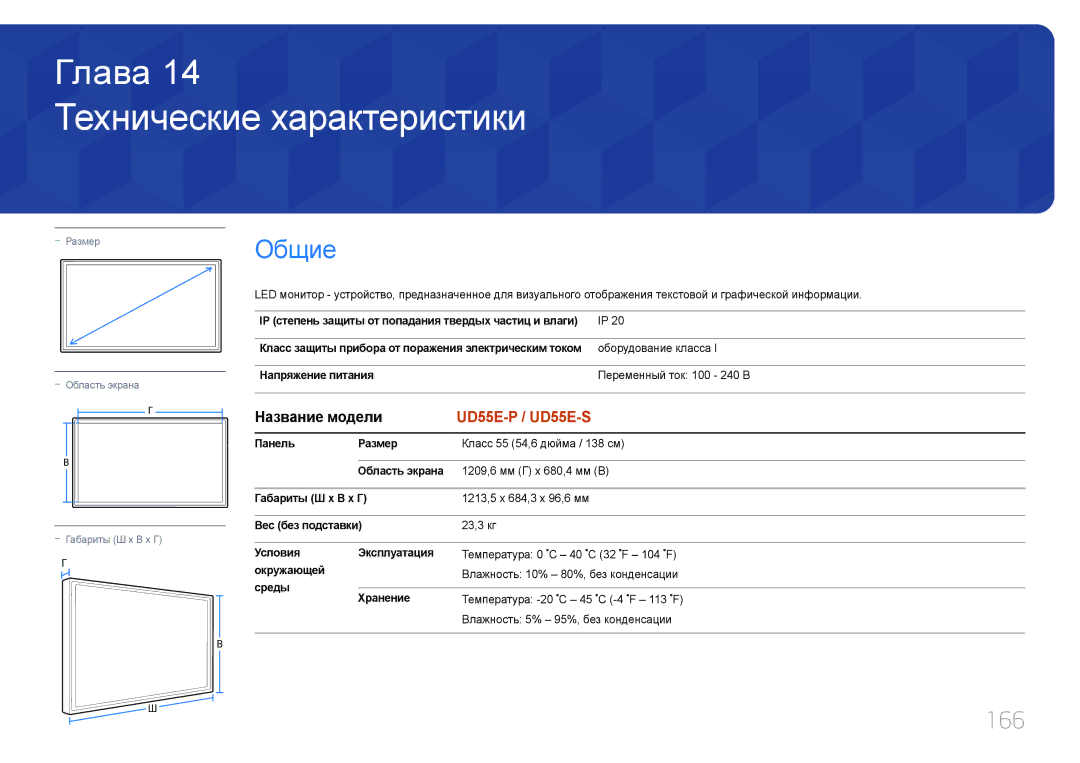 Samsung LH55UDEPLBB/EN manual Технические характеристики, 166, Название модели 