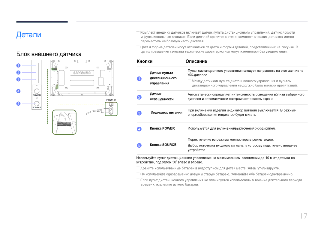 Samsung LH55UDEPLBB/EN manual Детали, Блок внешнего датчика, Кнопки Описание 