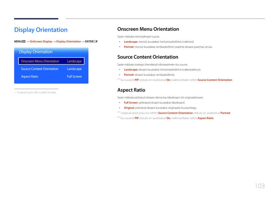 Samsung LH55UDEPLBB/EN manual Display Orientation, 103, Onscreen Menu Orientation, Source Content Orientation, Aspect Ratio 