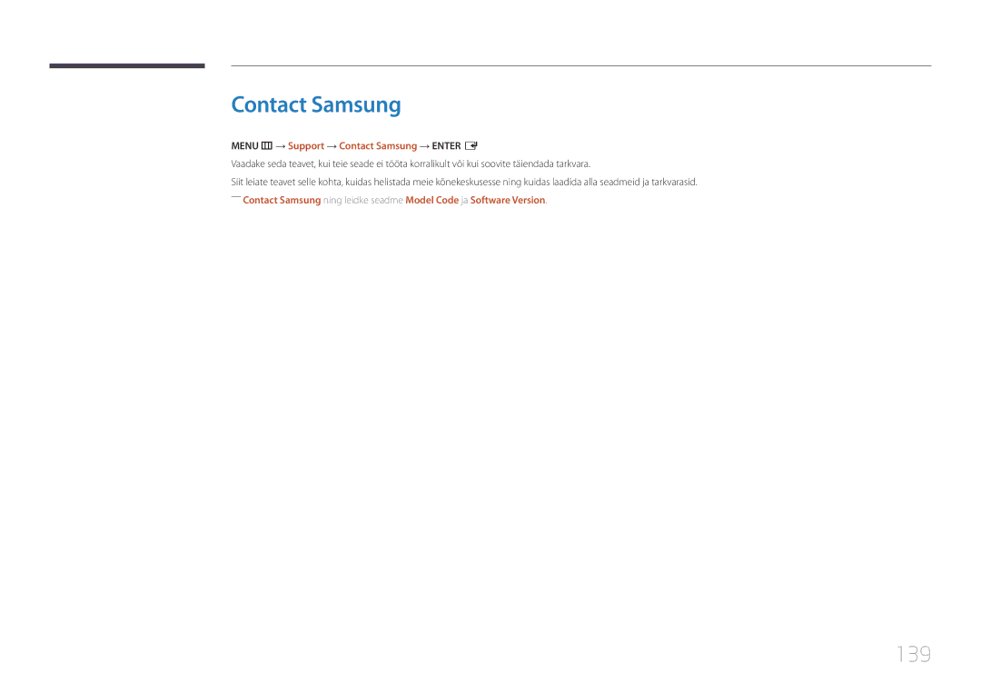 Samsung LH55UDEPLBB/EN manual 139, Menu m → Support → Contact Samsung → Enter E 