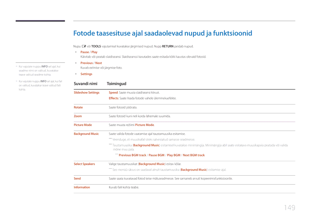 Samsung LH55UDEPLBB/EN manual Fotode taasesituse ajal saadaolevad nupud ja funktsioonid, 149 