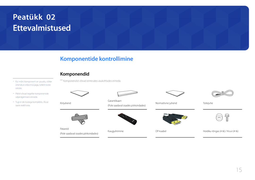 Samsung LH55UDEPLBB/EN manual Ettevalmistused, Komponentide kontrollimine, Komponendid, Kaugjuhtimine 