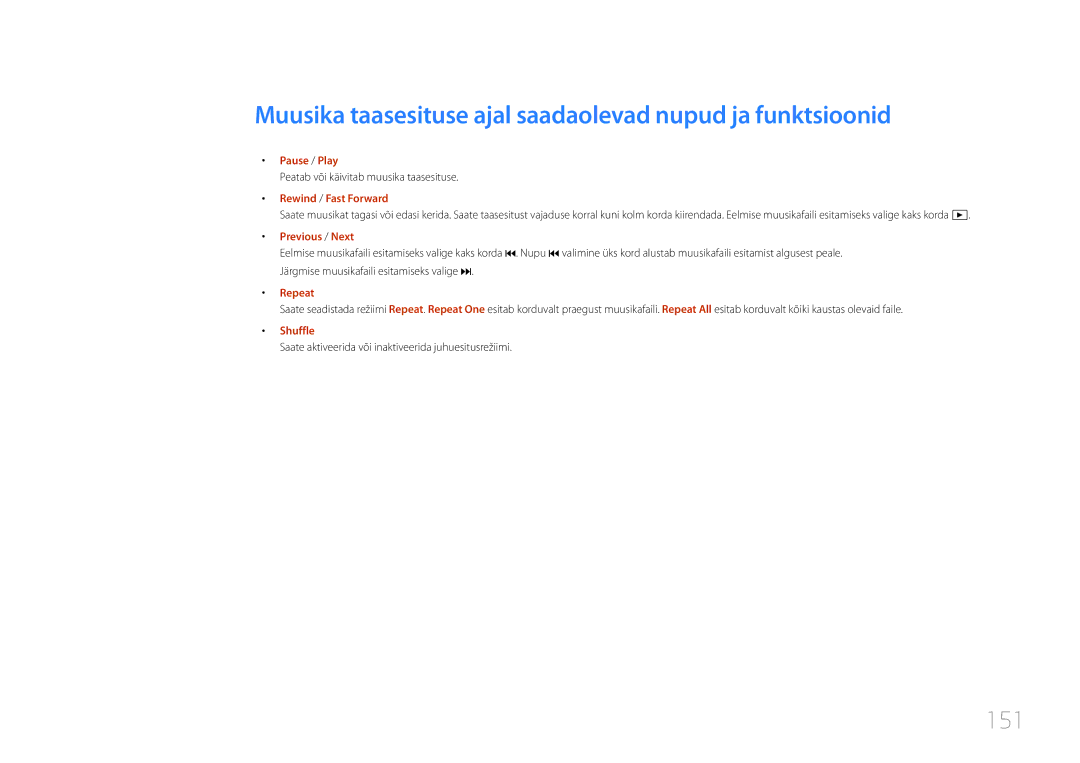 Samsung LH55UDEPLBB/EN manual Muusika taasesituse ajal saadaolevad nupud ja funktsioonid, 151, Shuffle 