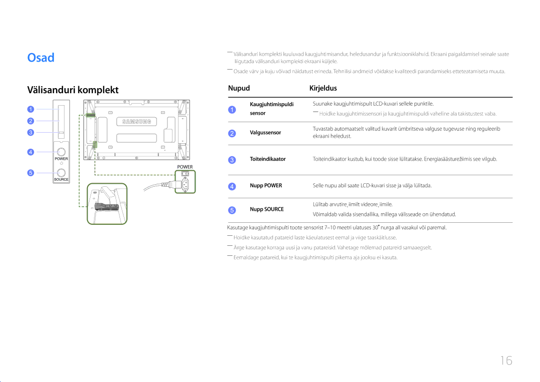 Samsung LH55UDEPLBB/EN manual Osad, Välisanduri komplekt, Nupud Kirjeldus 