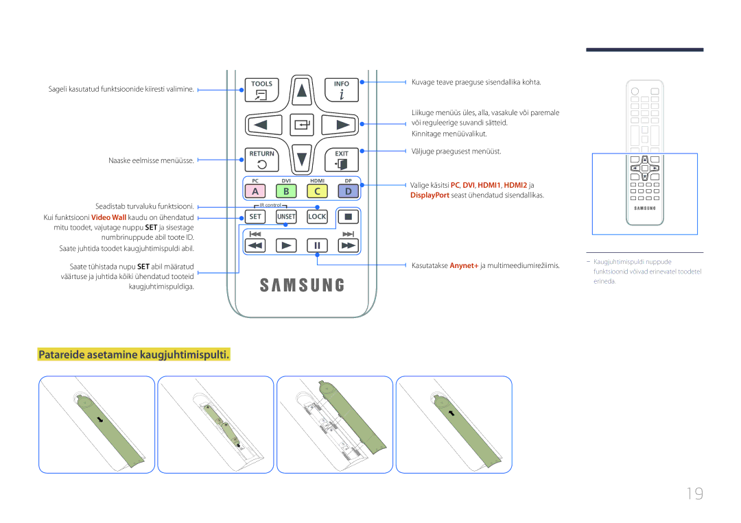 Samsung LH55UDEPLBB/EN manual Patareide asetamine kaugjuhtimispulti, Sageli kasutatud funktsioonide kiiresti valimine 