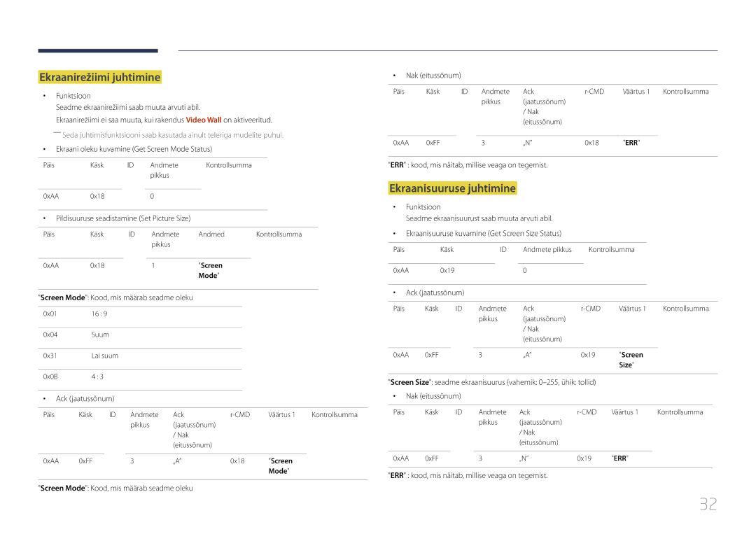 Samsung LH55UDEPLBB/EN manual Ekraanirežiimi juhtimine, Ekraanisuuruse juhtimine 