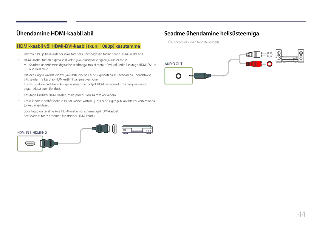 Samsung LH55UDEPLBB/EN manual Seadme ühendamine helisüsteemiga, HDMI-kaabli või HDMI-DVI-kaabli kuni 1080p kasutamine 