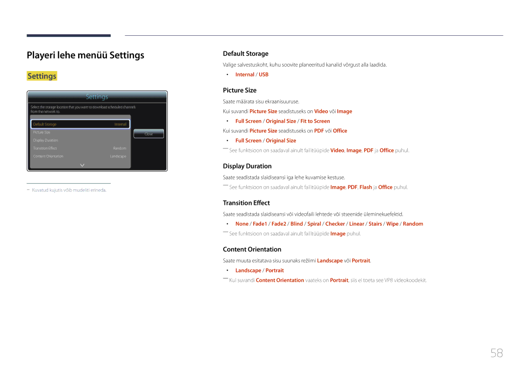 Samsung LH55UDEPLBB/EN manual Playeri lehe menüü Settings, Internal / USB, Full Screen / Original Size / Fit to Screen 