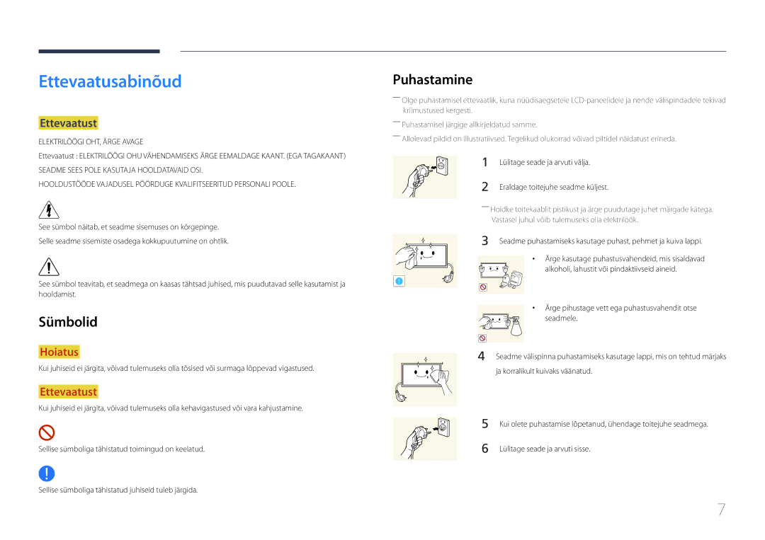 Samsung LH55UDEPLBB/EN manual Ettevaatusabinõud, Puhastamine, Sümbolid, Ettevaatust, Lülitage seade ja arvuti välja 