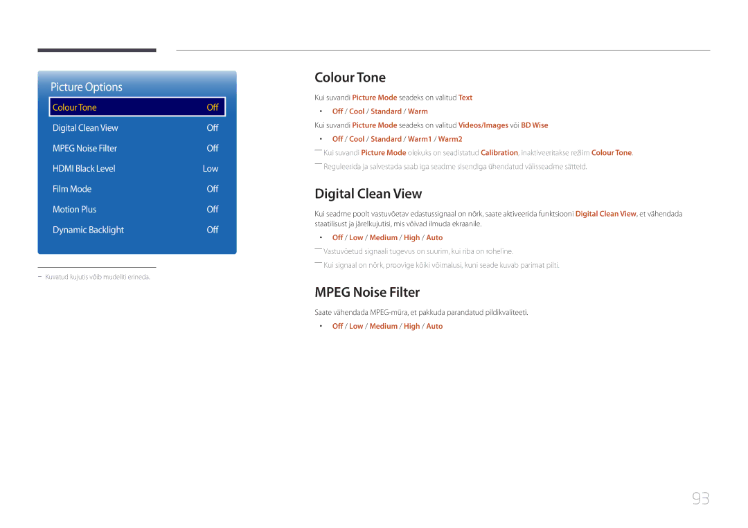 Samsung LH55UDEPLBB/EN manual Colour Tone, Digital Clean View, Mpeg Noise Filter 