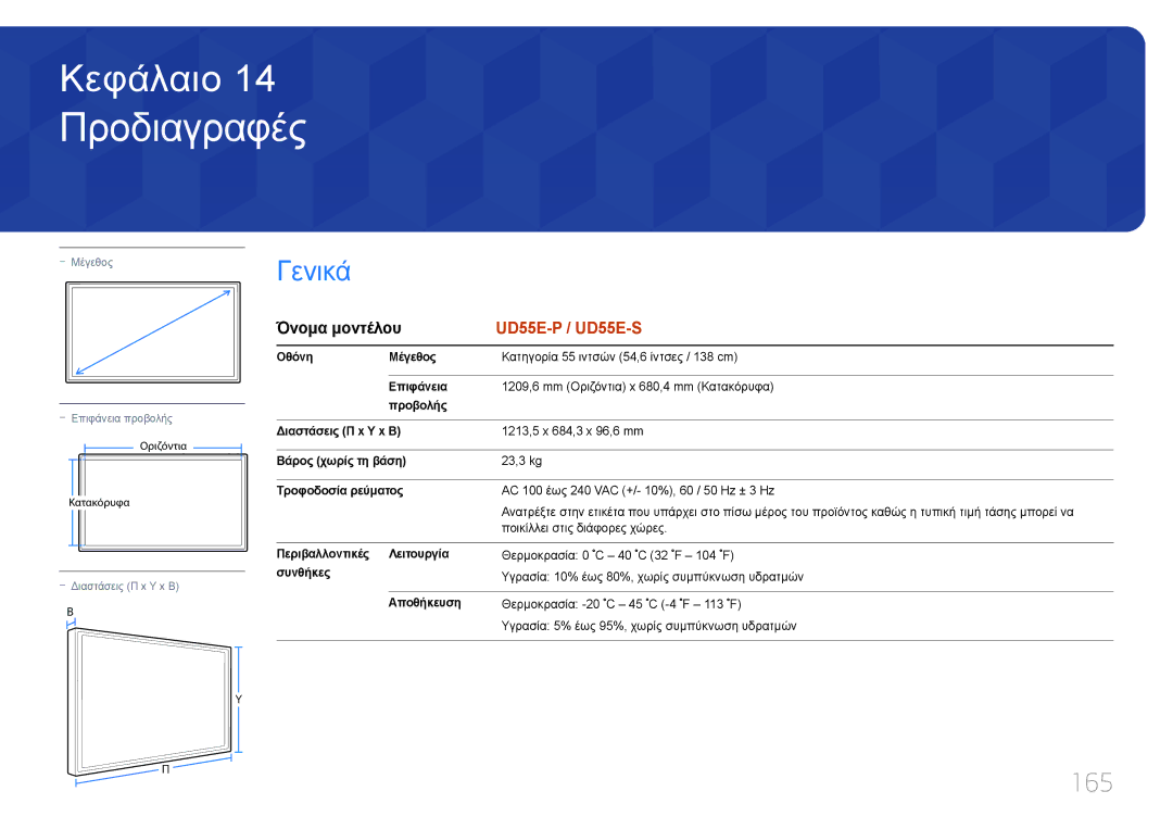 Samsung LH55UDEPLBB/EN manual Προδιαγραφές, 165, Θερμοκρασία -20 C 45 C -4 F 113 F 