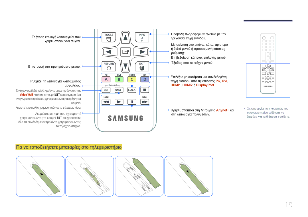 Samsung LH55UDEPLBB/EN manual Για να τοποθετήσετε μπαταρίες στο τηλεχειριστήριο, Χρησιμοποιούνται συχνά 