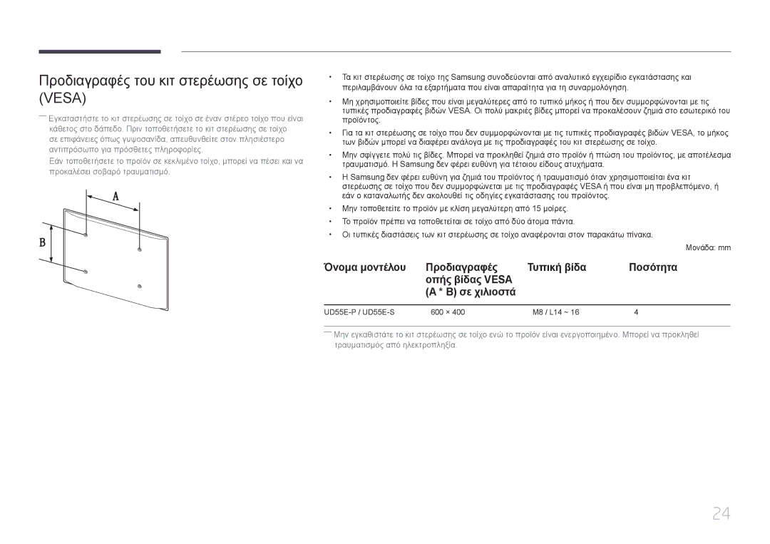 Samsung LH55UDEPLBB/EN manual Προδιαγραφές του κιτ στερέωσης σε τοίχο Vesa, Όνομα μοντέλου Προδιαγραφές, Ποσότητα 