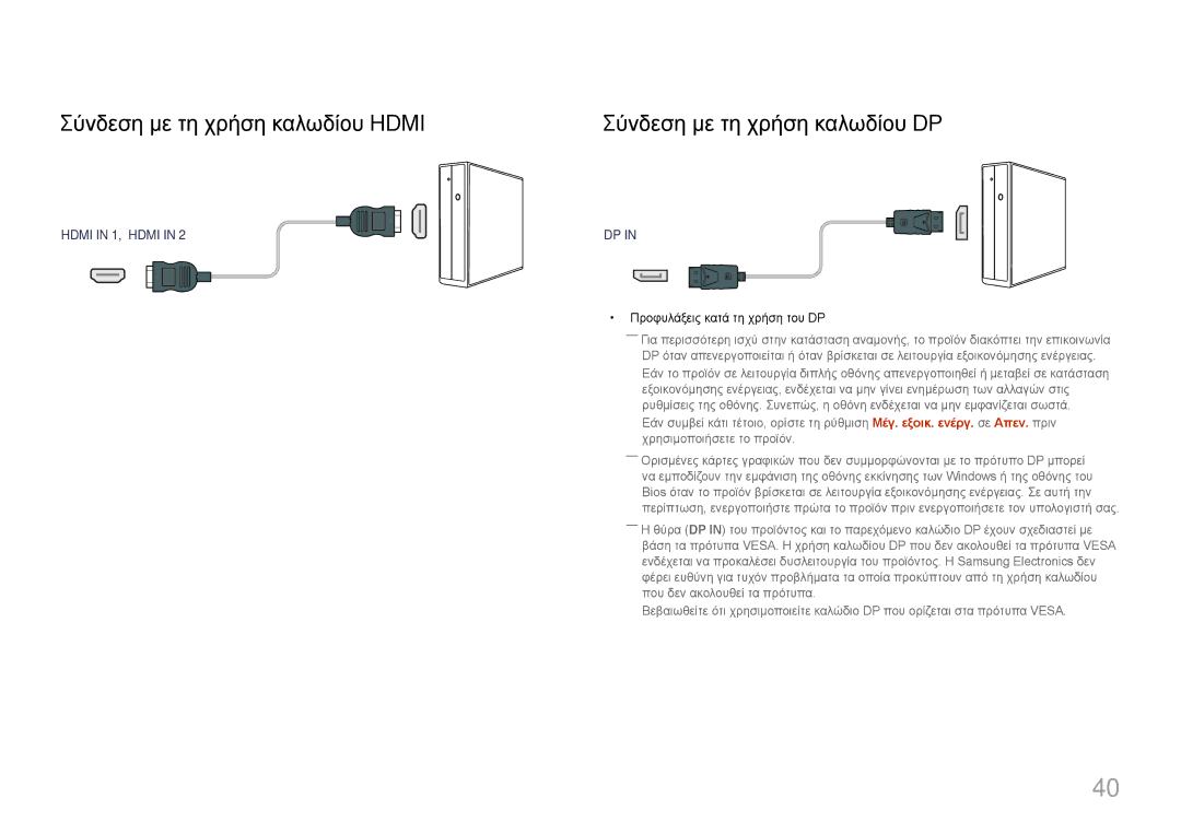 Samsung LH55UDEPLBB/EN manual Σύνδεση με τη χρήση καλωδίου Hdmi, Σύνδεση με τη χρήση καλωδίου DP 