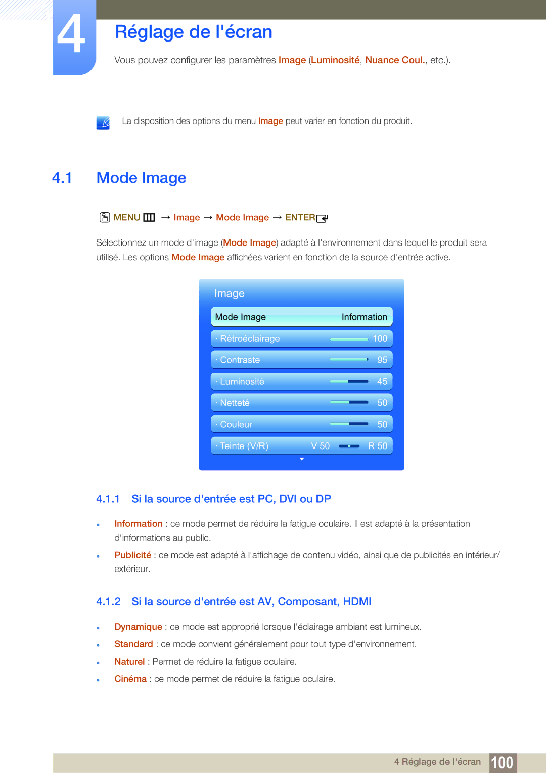 Samsung LH55UEAPLGC/EN, LH46MEPLGC/EN, LH46UEPLGC/EN Réglage de lécran, Mode Image, Si la source dentrée est PC, DVI ou DP 