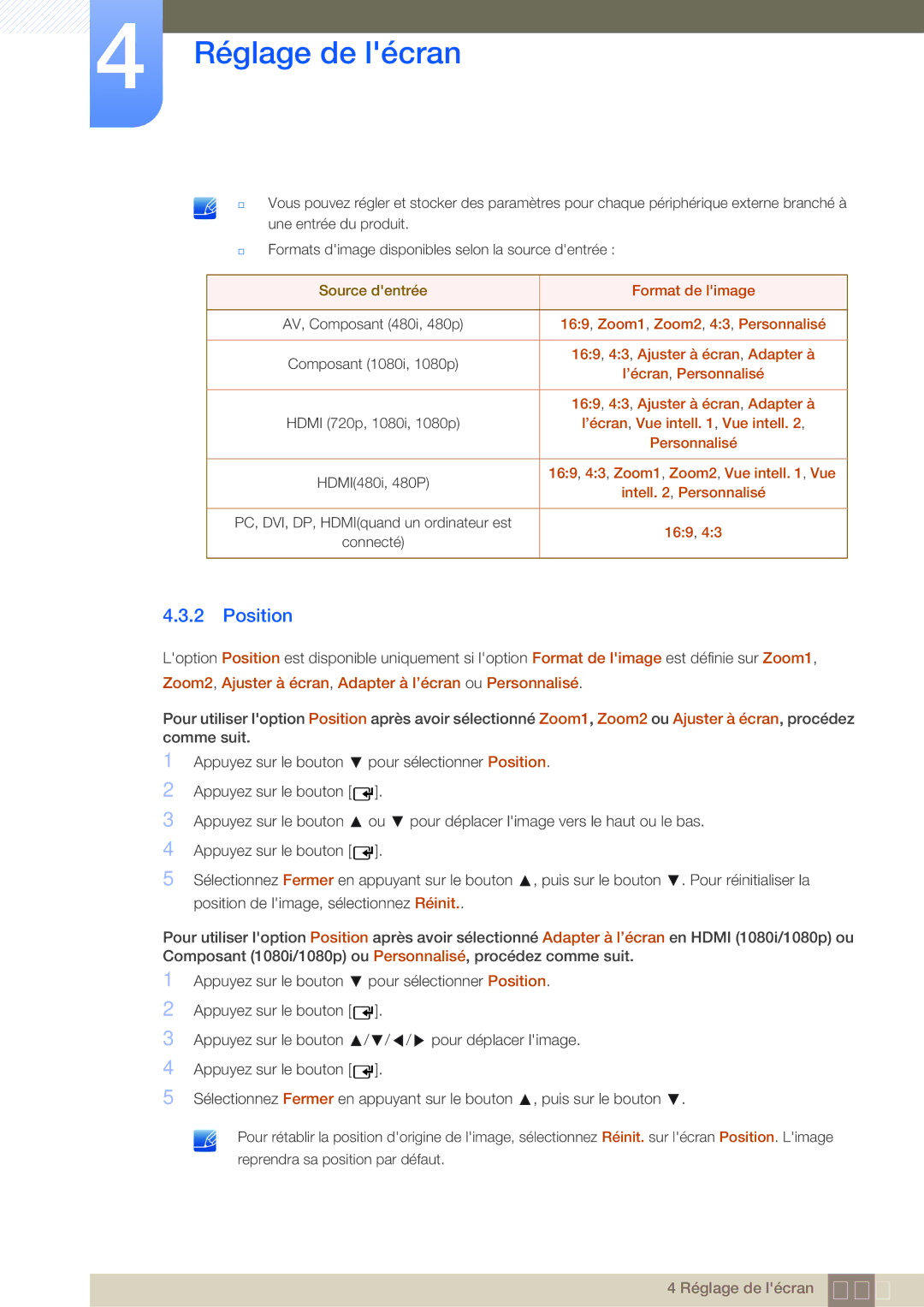 Samsung LH55UEPLGC/EN, LH55UEAPLGC/EN, LH46MEPLGC/EN manual Position, Source dentrée, Format de limage, ’écran , Personnalisé 