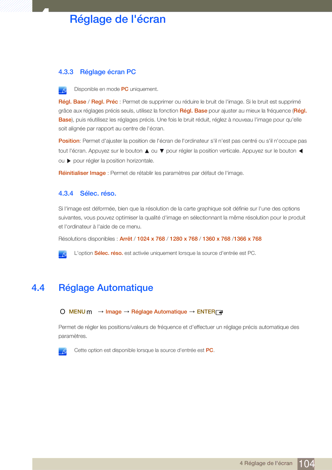 Samsung LH40MEPLGC/EN, LH55UEAPLGC/EN manual 3 Réglage écran PC, 4 Sélec. réso, Menu m Image Réglage Automatique Enter 
