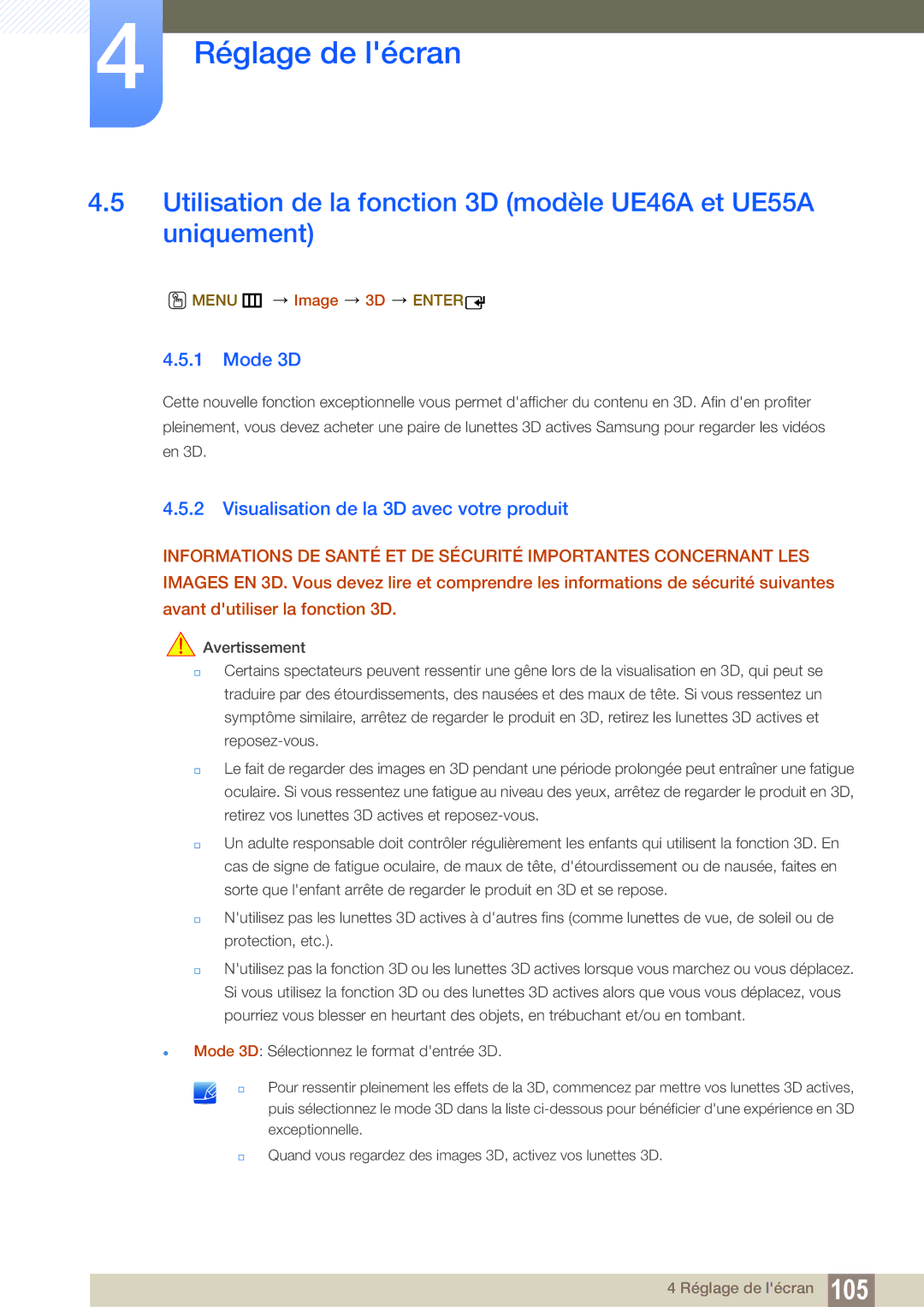 Samsung LH46UEAPLGC/EN, LH55UEAPLGC/EN manual Mode 3D, Visualisation de la 3D avec votre produit, Menu m Image 3D Enter 