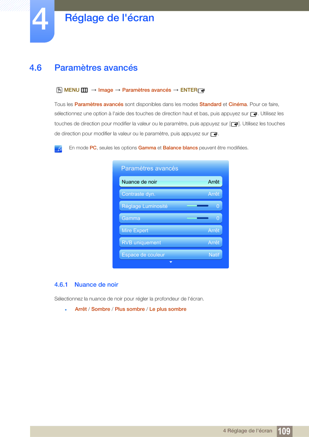 Samsung LH46DEAPLBC/EN, LH55UEAPLGC/EN, LH46MEPLGC/EN manual Nuance de noir, Menu m Image Paramètres avancés Enter 