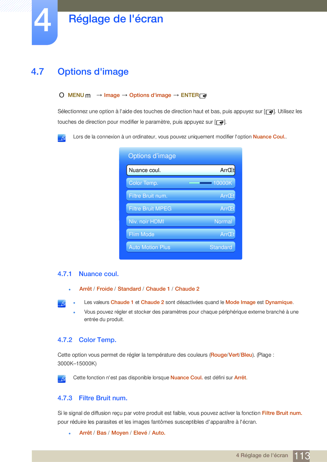 Samsung LH55UEPLGC/EN, LH55UEAPLGC/EN, LH46MEPLGC/EN manual Options dimage, Nuance coul, Color Temp, Filtre Bruit num 