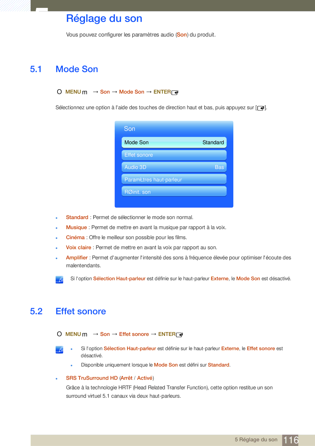 Samsung LH55MEPLGC/EN, LH55UEAPLGC/EN, LH46MEPLGC/EN, LH46UEPLGC/EN, LH55UEPLGC/EN Réglage du son, Mode Son, Effet sonore 