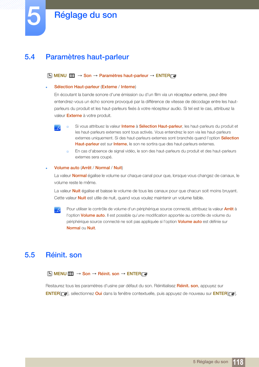 Samsung LH55DEAPLBC/EN, LH55UEAPLGC/EN manual Paramètres haut-parleur, Réinit. son,  Volume auto Arrêt / Normal / Nuit 