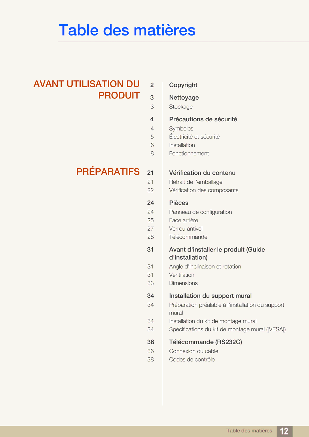 Samsung LH46UEPLGC/EN, LH55UEAPLGC/EN, LH46MEPLGC/EN, LH55UEPLGC/EN, LH40MEPLGC/EN, LH46UEAPLGC/EN manual Table des matières 