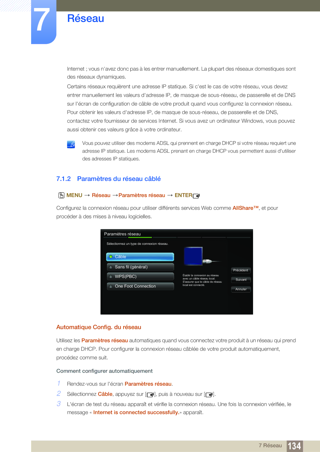 Samsung LH40MEPLGC/EN manual Paramètres du réseau câblé, Automatique Config. du réseau, Menu Réseau Paramètres réseau Enter 