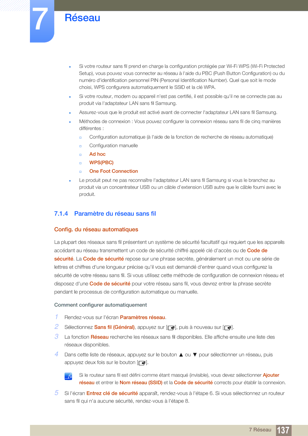 Samsung LH40DEAPLBC/EN manual Paramètre du réseau sans fil, Config. du réseau automatiques, Ad hoc, One Foot Connection 