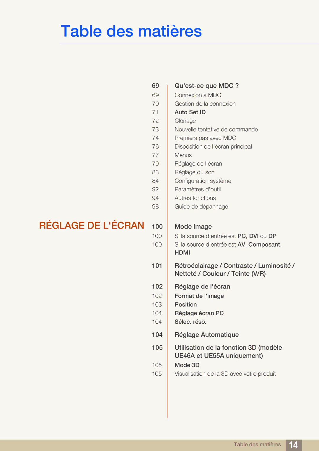 Samsung LH40MEPLGC/EN, LH55UEAPLGC/EN, LH46MEPLGC/EN, LH46UEPLGC/EN, LH55UEPLGC/EN, LH46UEAPLGC/EN manual Réglage DE Lécran 