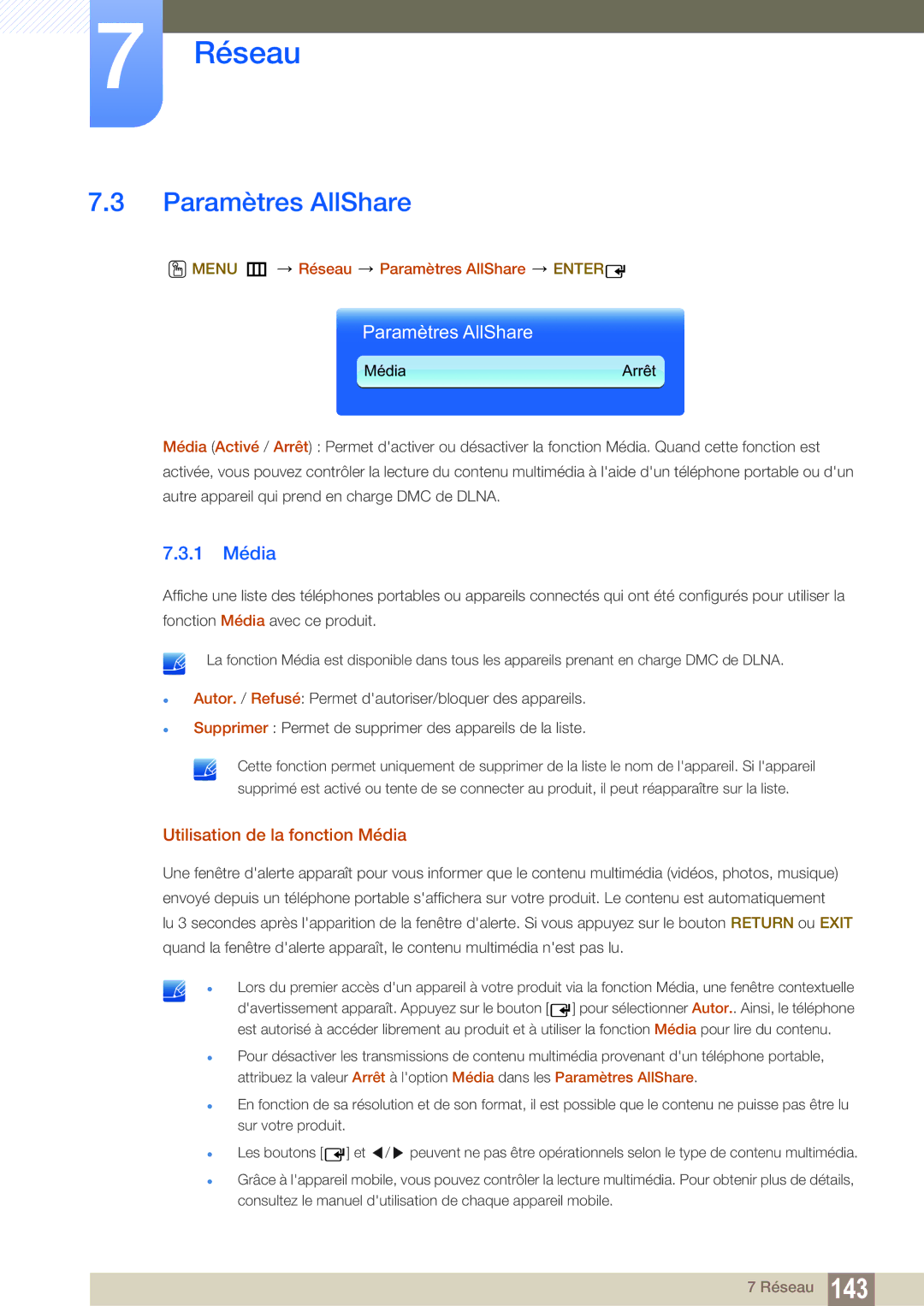 Samsung LH55UEPLGC/EN, LH55UEAPLGC/EN, LH46MEPLGC/EN manual Paramètres AllShare, 1 Média, Utilisation de la fonction Média 