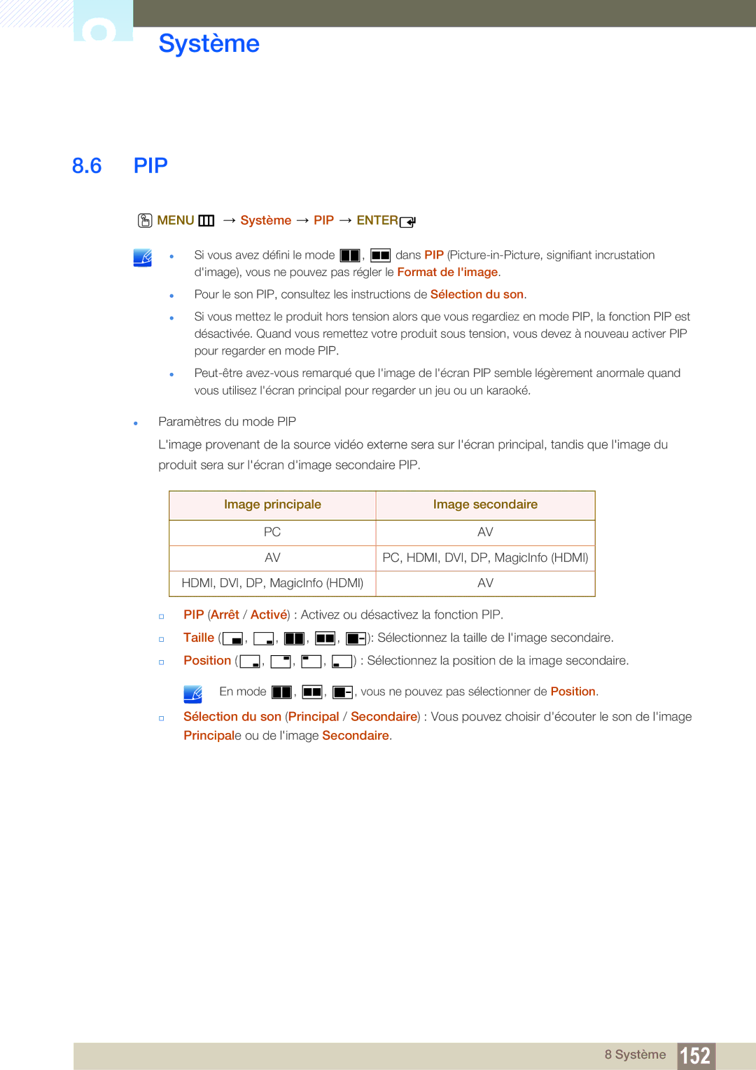 Samsung LH46UEPLGC/EN, LH55UEAPLGC/EN Pip, Menu m Système PIP Enter, Image principale Image secondaire, Taille, Position 