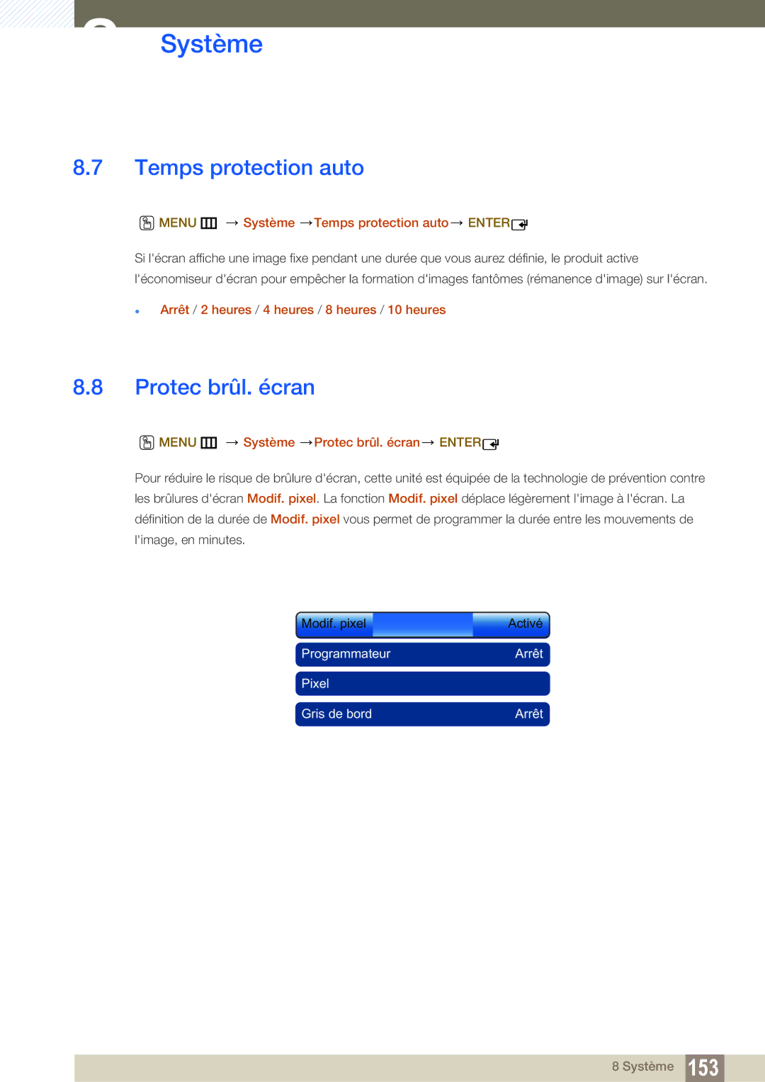 Samsung LH55UEPLGC/EN, LH55UEAPLGC/EN, LH46MEPLGC/EN Protec brûl. écran, Menu m Système Temps protection auto Enter 