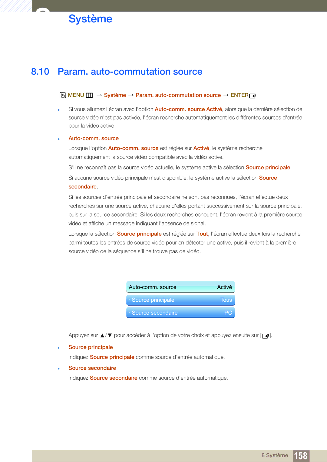 Samsung LH55DEAPLBC/EN, LH55UEAPLGC/EN manual Menu m Système Param. auto-commutation source Enter, Auto-comm. source 