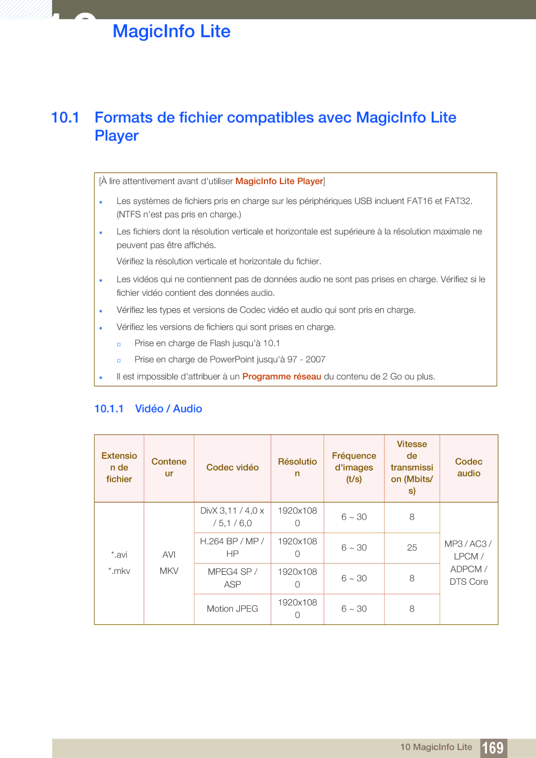 Samsung LH46DEAPLBC/EN, LH55UEAPLGC/EN Formats de fichier compatibles avec MagicInfo Lite Player, 10.1.1 Vidéo / Audio 