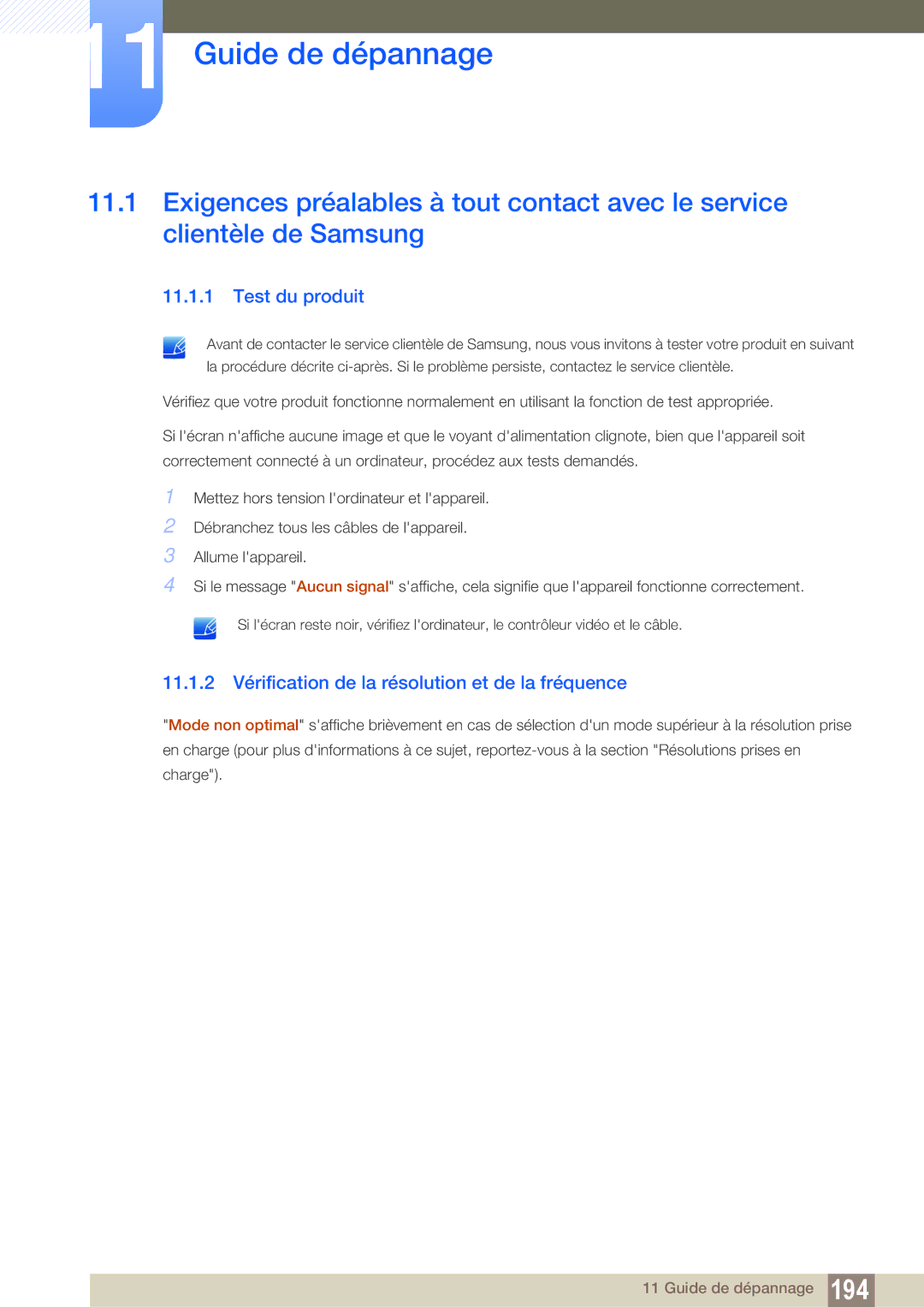 Samsung LH55UEPLGC/EN manual Guide de dépannage, Test du produit, 11.1.2 Vérification de la résolution et de la fréquence 