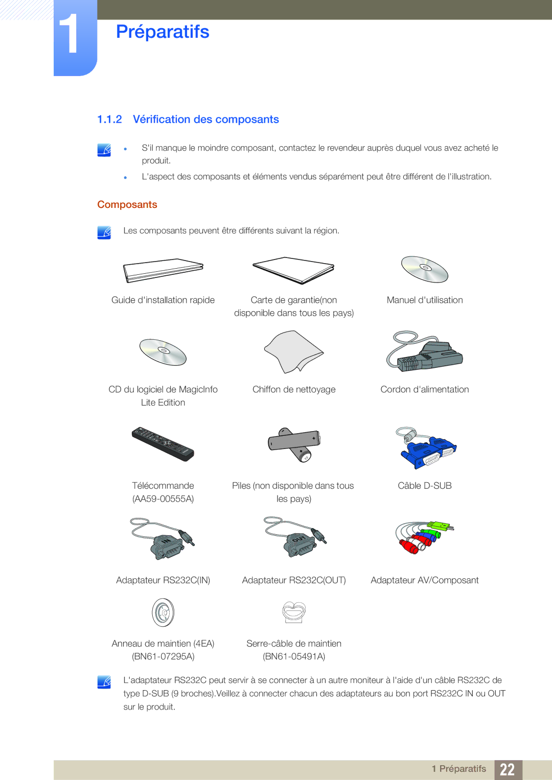 Samsung LH46UEPLGC/EN, LH55UEAPLGC/EN, LH46MEPLGC/EN, LH55UEPLGC/EN, LH40MEPLGC/EN 2 Vérification des composants, Composants 