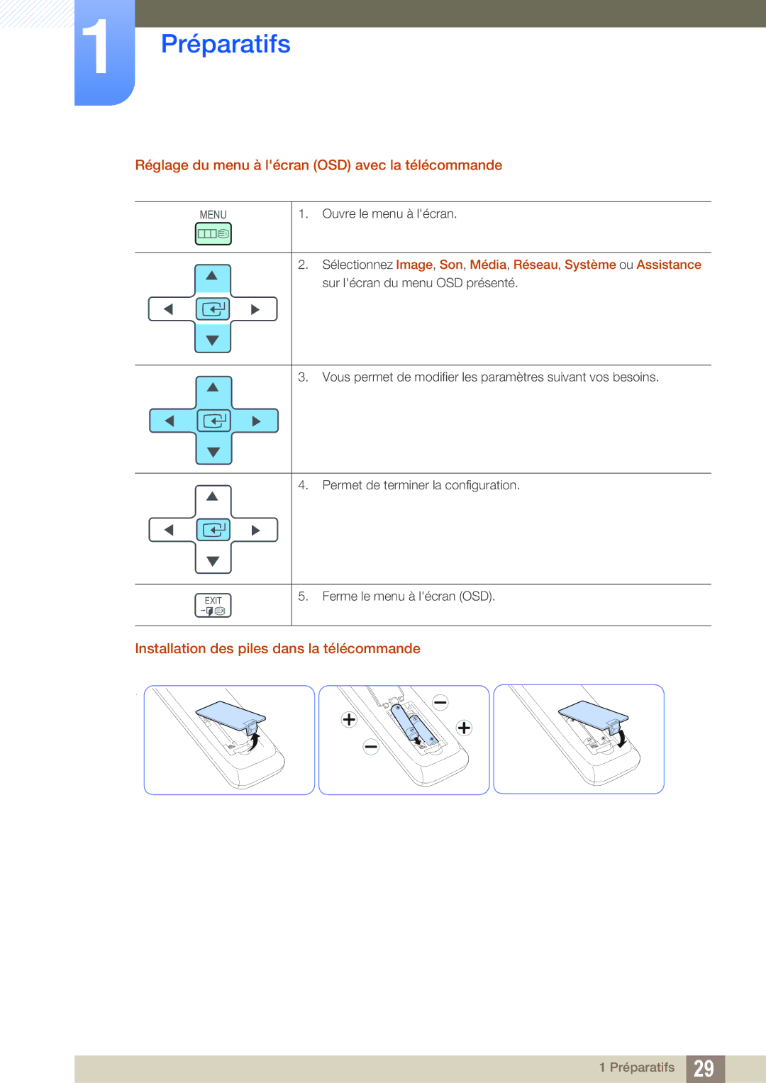 Samsung LH46DEAPLBC/EN Réglage du menu à lécran OSD avec la télécommande, Installation des piles dans la télécommande 